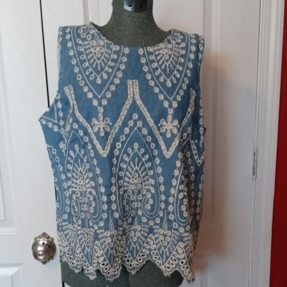 Fever Tops - Sleeveless Blue Embroidered Tunic with White Lace Trim